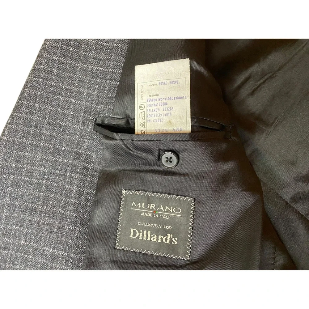 Murano Blazer Men's 48R Check Pattern Gray Wool Cashmere Blend Sport Coat